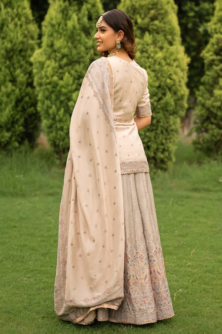 Shop Safaa Ivory Silk, Velvet Lace, Embroidery Round Neck Zahrat Woven Kurta Sharara Set at Aza Fashions Shop_Safaa_Ivory Silk, Velvet Lace, Embroidery Round Neck Zahrat Woven Kurta Sharara Set _at_Aza_Fashions