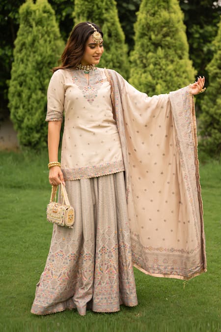 Safaa Ivory Silk, Velvet Lace, Embroidery Round Neck Zahrat Woven Kurta Sharara Set Online at Aza Fashions Safaa_Ivory Silk, Velvet Lace, Embroidery Round Neck Zahrat Woven Kurta Sharara Set _Online_at_Aza_Fashions