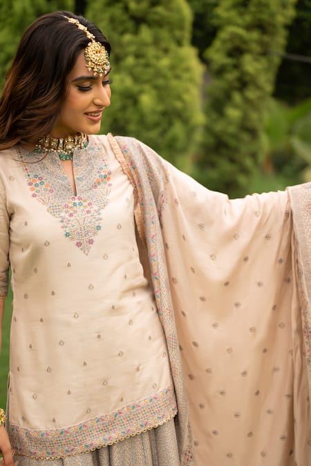 Buy Safaa Ivory Silk, Velvet Lace, Embroidery Round Neck Zahrat Woven Kurta Sharara Set Online at Aza Fashions Buy_Safaa_Ivory Silk, Velvet Lace, Embroidery Round Neck Zahrat Woven Kurta Sharara Set _Online_at_Aza_Fashions