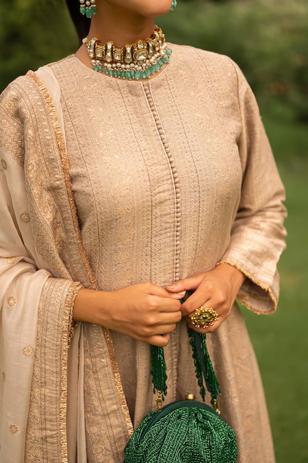 Buy_Safaa_Ivory Velvet, Velour Embroidery, Zari, Lace Zunaira Woven Anarkali Pant Set _Online_at_Aza_Fashions