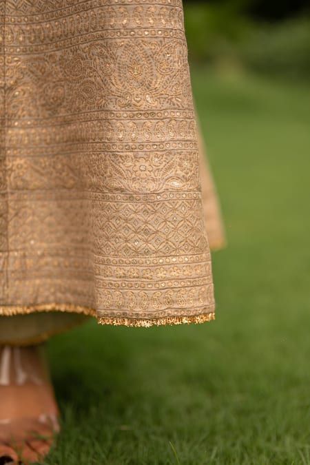 Shop_Safaa_Ivory Velvet, Velour Embroidery, Zari, Lace Zunaira Woven Anarkali Pant Set _Online_at_Aza_Fashions