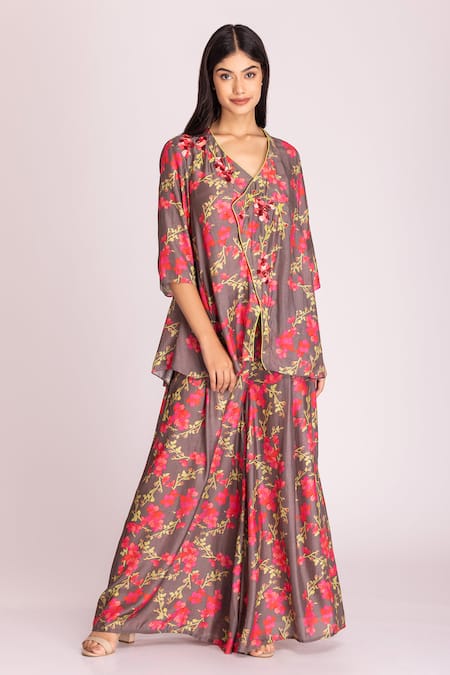 Tanu Malhotra Brown Cotton Silk Digital Printed Floral V Neck Tunic And Pant Set 