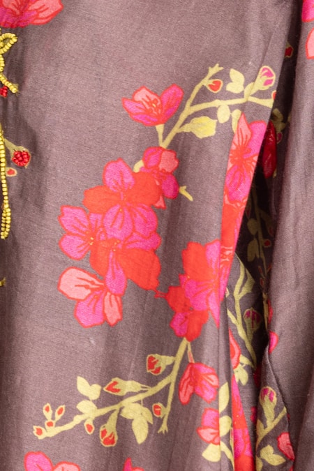 Tanu Malhotra_Brown Cotton, Silk Embroidery, Sequins, Floral Digital Print Tunic And Pant Set_Online_at_Aza_Fashions