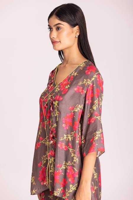 Buy_Tanu Malhotra_Brown Cotton, Silk Embroidery, Sequins, Floral Digital Print Tunic And Pant Set_Online_at_Aza_Fashions