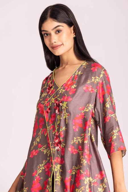 Shop_Tanu Malhotra_Brown Cotton, Silk Embroidery, Sequins, Floral Digital Print Tunic And Pant Set_Online_at_Aza_Fashions