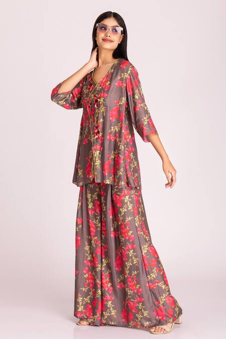 Tanu Malhotra_Brown Cotton, Silk Embroidery, Sequins, Floral Digital Print Tunic And Pant Set_at_Aza_Fashions