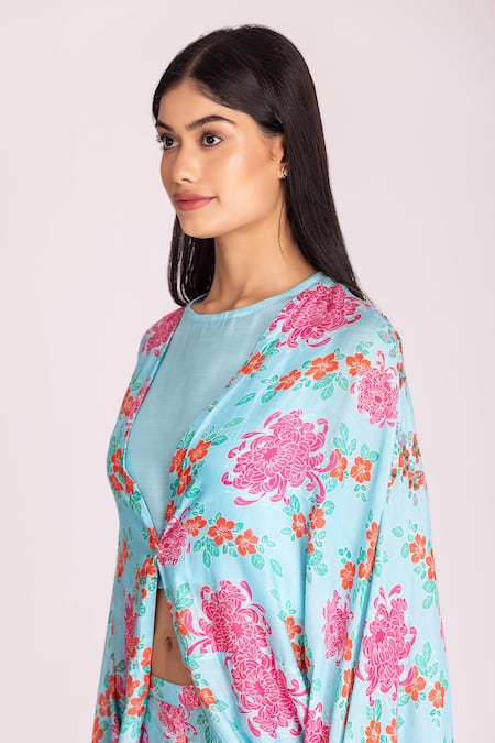 Buy_Tanu Malhotra_Blue Cotton, Silk Sequins, Beads Round Neck Floral Digital Print Cape Pant Set_Online_at_Aza_Fashions