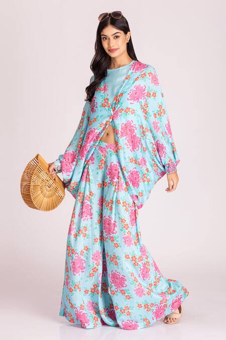 Tanu Malhotra_Blue Cotton, Silk Sequins, Beads Round Neck Floral Digital Print Cape Pant Set_at_Aza_Fashions
