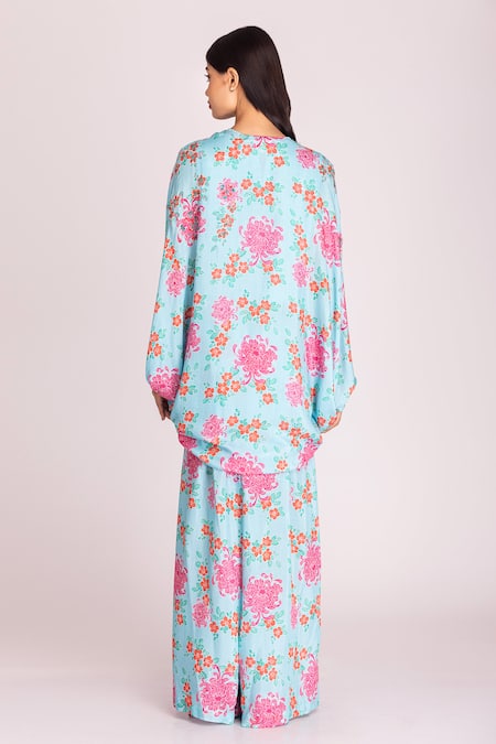 Shop_Tanu Malhotra_Blue Cotton, Silk Sequins, Beads Round Neck Floral Digital Print Cape Pant Set_at_Aza_Fashions