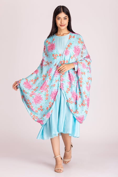 Tanu Malhotra Floral Digital Print Cape With Dress 