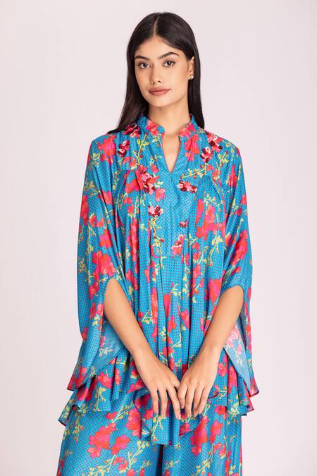 Tanu Malhotra Blue Cotton, Silk Sequins, Beads Open Floral Print Asymmetric Top And Pant Set Online at Aza Fashions Tanu Malhotra_Blue Cotton, Silk Sequins, Beads Open Floral Print Asymmetric Top And Pant Set_Online_at_Aza_Fashions