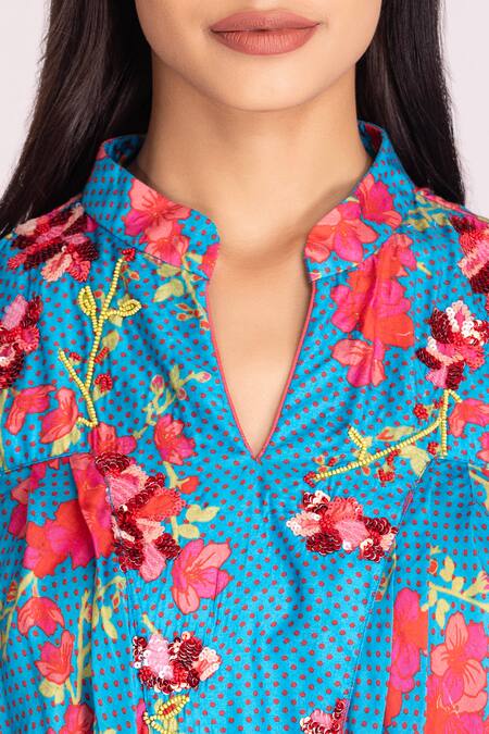 Buy Tanu Malhotra Blue Cotton, Silk Sequins, Beads Open Floral Print Asymmetric Top And Pant Set Online at Aza Fashions Buy_Tanu Malhotra_Blue Cotton, Silk Sequins, Beads Open Floral Print Asymmetric Top And Pant Set_Online_at_Aza_Fashions