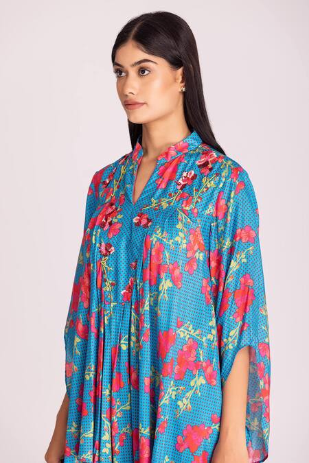 Shop Tanu Malhotra Blue Cotton, Silk Sequins, Beads Open Floral Print Asymmetric Top And Pant Set Online at Aza Fashions Shop_Tanu Malhotra_Blue Cotton, Silk Sequins, Beads Open Floral Print Asymmetric Top And Pant Set_Online_at_Aza_Fashions