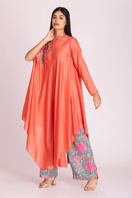 Tanu Malhotra Peach Cotton, Silk Sequins, Embroidery Patchwork Kaftan And Printed Palazzo Set Online at Aza Fashions Tanu Malhotra_Peach Cotton, Silk Sequins, Embroidery Patchwork Kaftan And Printed Palazzo Set_Online_at_Aza_Fashions