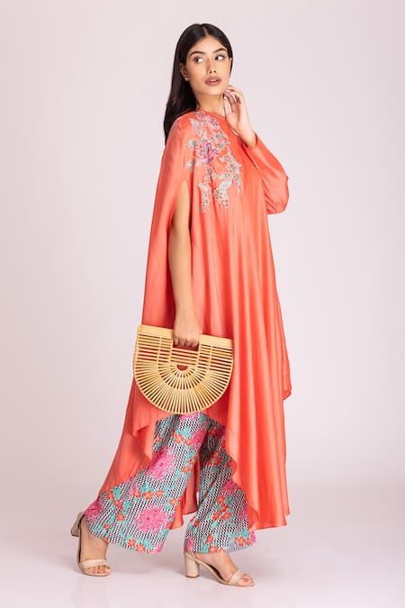 Shop Tanu Malhotra Peach Cotton, Silk Sequins, Embroidery Patchwork Kaftan And Printed Palazzo Set Online at Aza Fashions Shop_Tanu Malhotra_Peach Cotton, Silk Sequins, Embroidery Patchwork Kaftan And Printed Palazzo Set_Online_at_Aza_Fashions