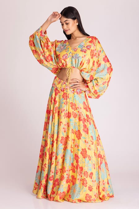 Tanu Malhotra Yellow Cotton, Silk Embroidery, Sequins, Beads Floral Print Crop Top And Skirt Set Online at Aza Fashions Tanu Malhotra_Yellow Cotton, Silk Embroidery, Sequins, Beads Floral Print Crop Top And Skirt Set_Online_at_Aza_Fashions