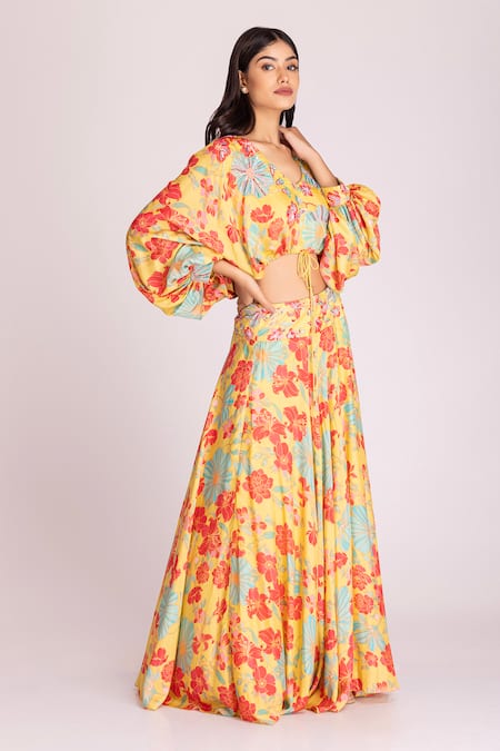Buy Tanu Malhotra Yellow Cotton, Silk Embroidery, Sequins, Beads Floral Print Crop Top And Skirt Set Online at Aza Fashions Buy_Tanu Malhotra_Yellow Cotton, Silk Embroidery, Sequins, Beads Floral Print Crop Top And Skirt Set_Online_at_Aza_Fashions