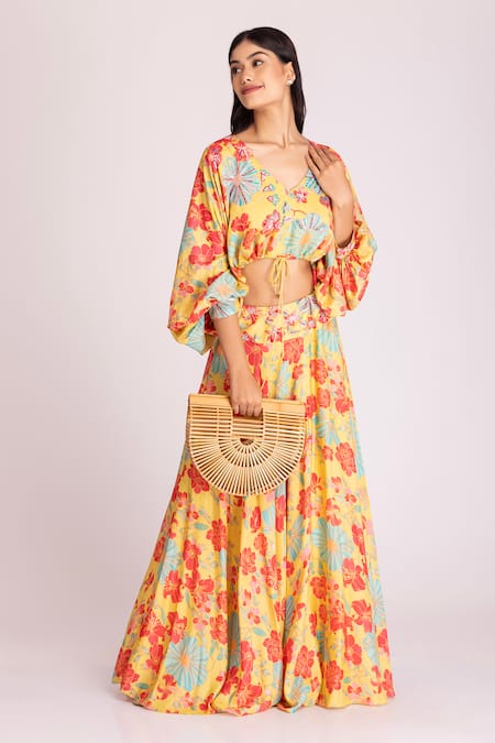 Tanu Malhotra Yellow Cotton, Silk Embroidery, Sequins, Beads Floral Print Crop Top And Skirt Set at Aza Fashions Tanu Malhotra_Yellow Cotton, Silk Embroidery, Sequins, Beads Floral Print Crop Top And Skirt Set_at_Aza_Fashions