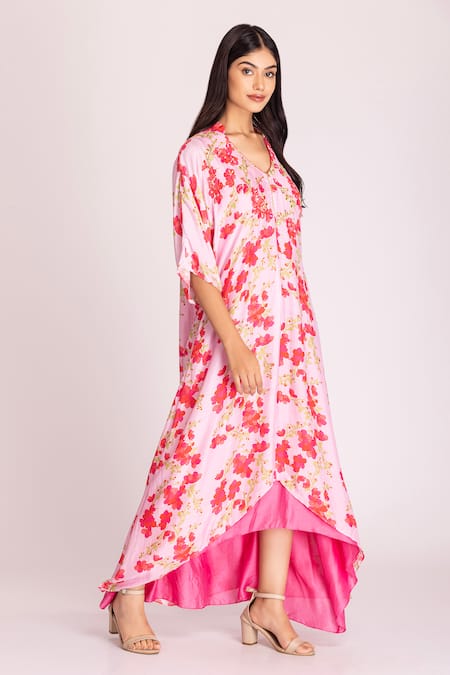 Tanu Malhotra_Pink Cotton, Silk Sequins, Beads V-neck Floral Print High-low Kaftan With Inner_Online_at_Aza_Fashions