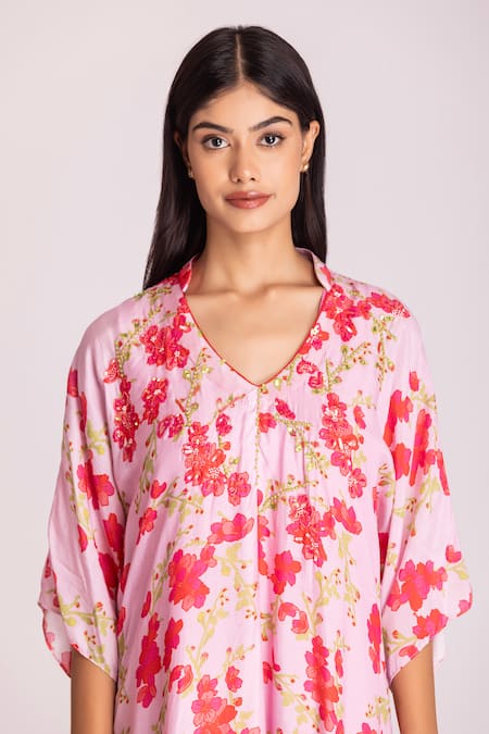 Buy_Tanu Malhotra_Pink Cotton, Silk Sequins, Beads V-neck Floral Print High-low Kaftan With Inner_Online_at_Aza_Fashions