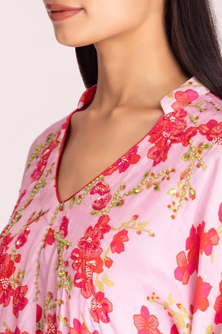 Shop_Tanu Malhotra_Pink Cotton, Silk Sequins, Beads V-neck Floral Print High-low Kaftan With Inner_Online_at_Aza_Fashions