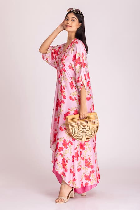 Tanu Malhotra_Pink Cotton, Silk Sequins, Beads V-neck Floral Print High-low Kaftan With Inner_at_Aza_Fashions