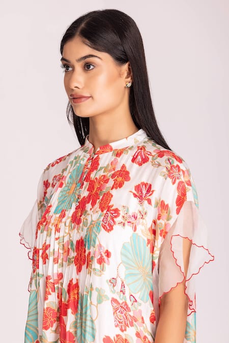 Shop Tanu Malhotra Multi Color Cotton, Silk Sequins, Beads High Neck Floral Print Dress With Slip Online at Aza Fashions Shop_Tanu Malhotra_Multi Color Cotton, Silk Sequins, Beads High Neck Floral Print Dress With Slip_Online_at_Aza_Fashions