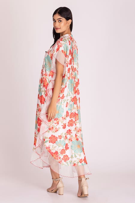 Shop Tanu Malhotra Multi Color Cotton, Silk Sequins, Beads High Neck Floral Print Dress With Slip at Aza Fashions Shop_Tanu Malhotra_Multi Color Cotton, Silk Sequins, Beads High Neck Floral Print Dress With Slip_at_Aza_Fashions