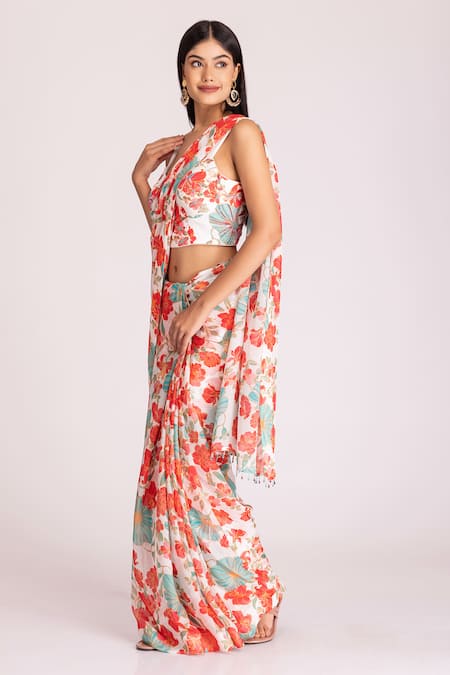 Tanu Malhotra Multi Color Organza, Floral Digital Print Saree With Unstitched Blouse Piece Online at Aza Fashions Tanu Malhotra_Multi Color Organza, Floral Digital Print Saree With Unstitched Blouse Piece_Online_at_Aza_Fashions