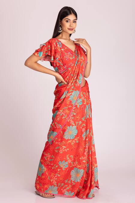 Tanu Malhotra_Red Organza, Crepe Sequins Floral Print Saree With Unstitched Blouse Piece_Online_at_Aza_Fashions