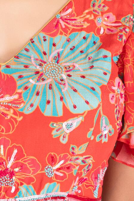 Buy_Tanu Malhotra_Red Organza, Crepe Sequins Floral Print Saree With Unstitched Blouse Piece_Online_at_Aza_Fashions