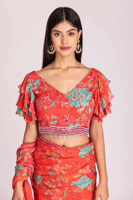 Shop_Tanu Malhotra_Red Organza, Crepe Sequins Floral Print Saree With Unstitched Blouse Piece_Online_at_Aza_Fashions