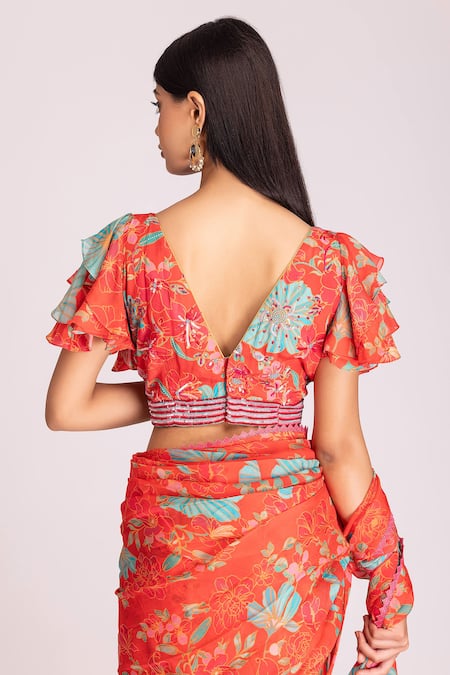 Tanu Malhotra_Red Organza, Crepe Sequins Floral Print Saree With Unstitched Blouse Piece_at_Aza_Fashions