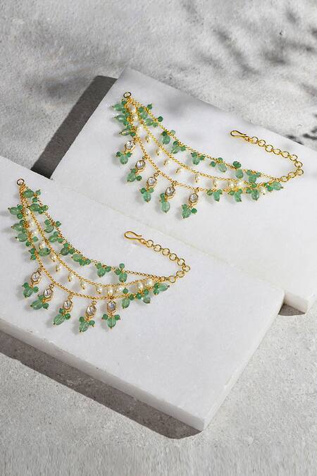 Buy Joules by Radhika Green Agate Beads, Kundan Polki Beaded Ear Chains at Aza Fashions Buy_Joules by Radhika_Green Agate Beads, Kundan Polki Beaded Ear Chains_at_Aza_Fashions