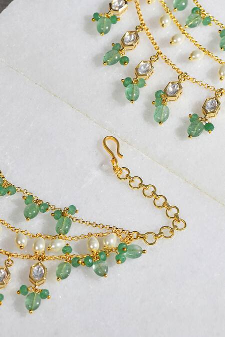 Shop Joules by Radhika Green Agate Beads, Kundan Polki Beaded Ear Chains at Aza Fashions Shop_Joules by Radhika_Green Agate Beads, Kundan Polki Beaded Ear Chains_at_Aza_Fashions