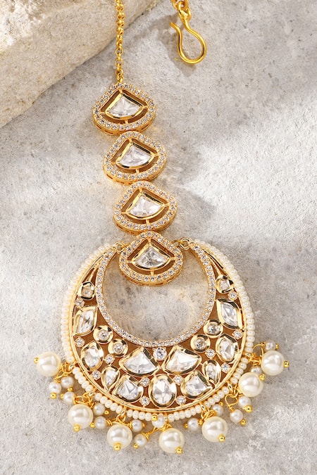Shop_Joules By Radhika_Gold Plated Kundan Embellished Mangtikka _at_Aza_Fashions