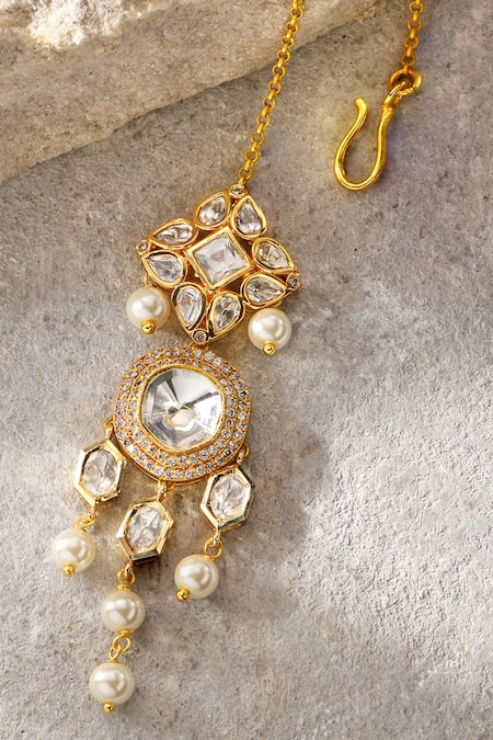 Shop Joules By Radhika Gold Plated Kundan Polki Embellished Mangtikka at Aza Fashions Shop_Joules By Radhika_Gold Plated Kundan Polki Embellished Mangtikka _at_Aza_Fashions