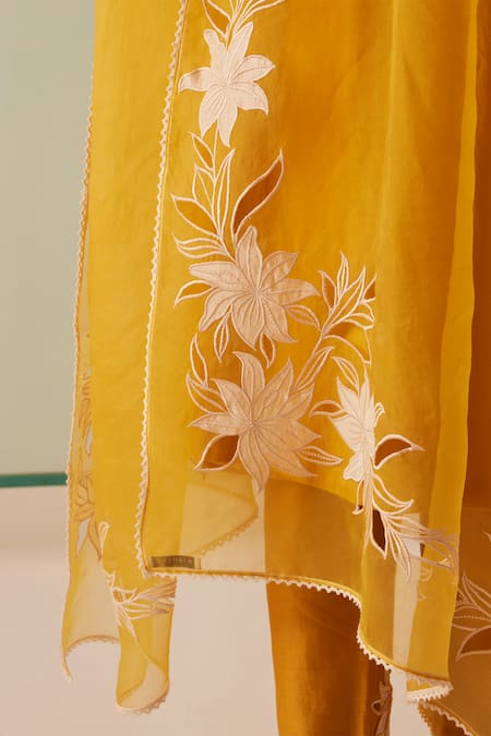 Chandrima_Yellow Silk Organza Embroidery Bloom Cut Work And Applique Dupatta _Online_at_Aza_Fashions