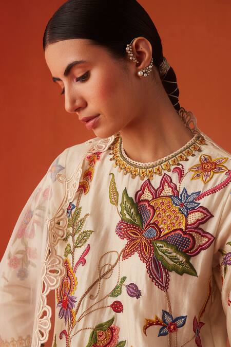 Shop_Chandrima_Ivory Silk Organza Cut Work Blossom Dupatta _at_Aza_Fashions