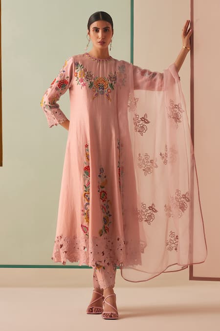 Shop_Chandrima_Pink Silk Organza Cut Work Bloom Garden Dupatta _at_Aza_Fashions