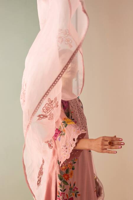 Chandrima_Pink Silk Organza Cut Work Bloom Garden Dupatta _Online_at_Aza_Fashions