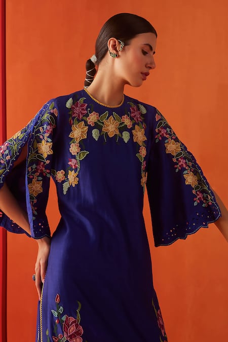 Chandrima_Blue Chanderi, Cotton Beads, Embroidery Round Neck Kurta And Pant Set _Online_at_Aza_Fashions