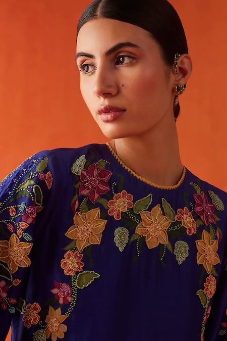 Buy_Chandrima_Blue Chanderi, Cotton Beads, Embroidery Round Neck Kurta And Pant Set _Online_at_Aza_Fashions