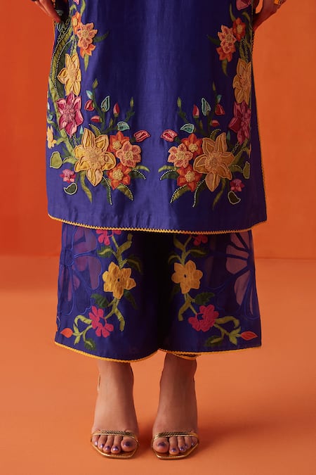 Shop_Chandrima_Blue Chanderi, Cotton Beads, Embroidery Round Neck Kurta And Pant Set _Online_at_Aza_Fashions