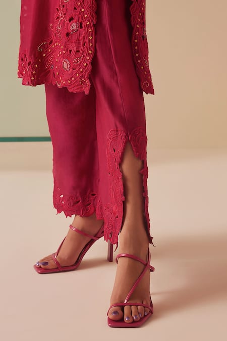 Chandrima_Fuchsia Chanderi, Cotton Beads, Cut Work Embroidered Kurta And Straight Pant Set _Online_at_Aza_Fashions