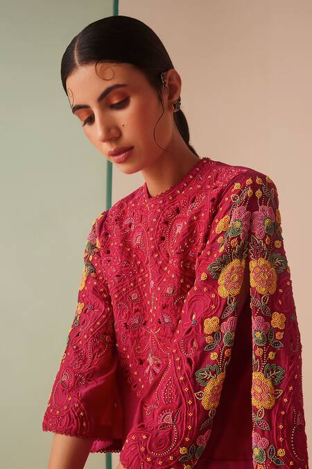 Buy_Chandrima_Fuchsia Chanderi, Cotton Beads, Cut Work Embroidered Kurta And Straight Pant Set _Online_at_Aza_Fashions