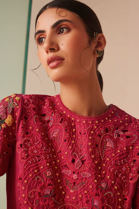 Shop_Chandrima_Fuchsia Chanderi, Cotton Beads, Cut Work Embroidered Kurta And Straight Pant Set _Online_at_Aza_Fashions