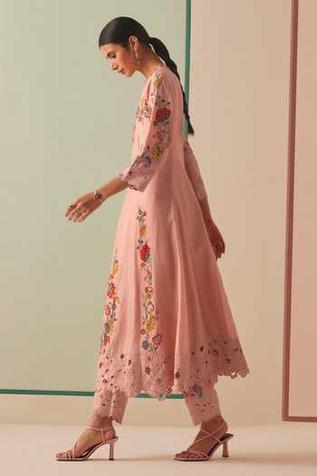 Chandrima_Pink Chanderi, Cotton Beads, Cut Work Round Neck Beaded Flared Kurta And Pant Set _Online_at_Aza_Fashions