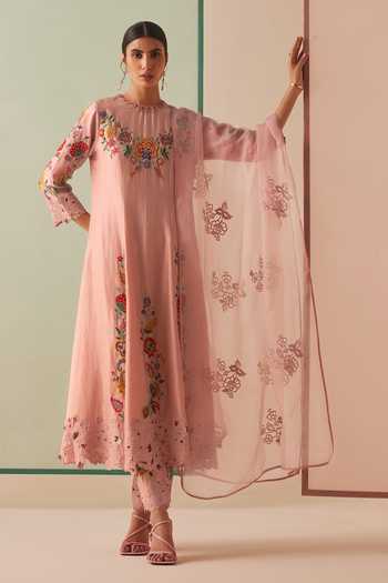 Buy_Chandrima_Pink Chanderi, Cotton Beads, Cut Work Round Neck Beaded Flared Kurta And Pant Set _Online_at_Aza_Fashions