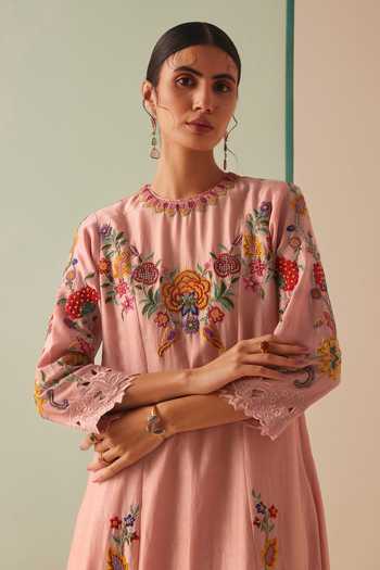 Shop_Chandrima_Pink Chanderi, Cotton Beads, Cut Work Round Neck Beaded Flared Kurta And Pant Set _Online_at_Aza_Fashions